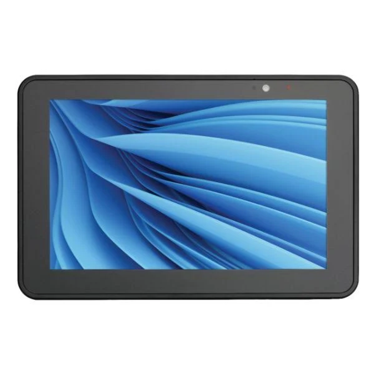 Tablet nero con display astratto blu. Ha una fotocamera sulla cornice superiore.