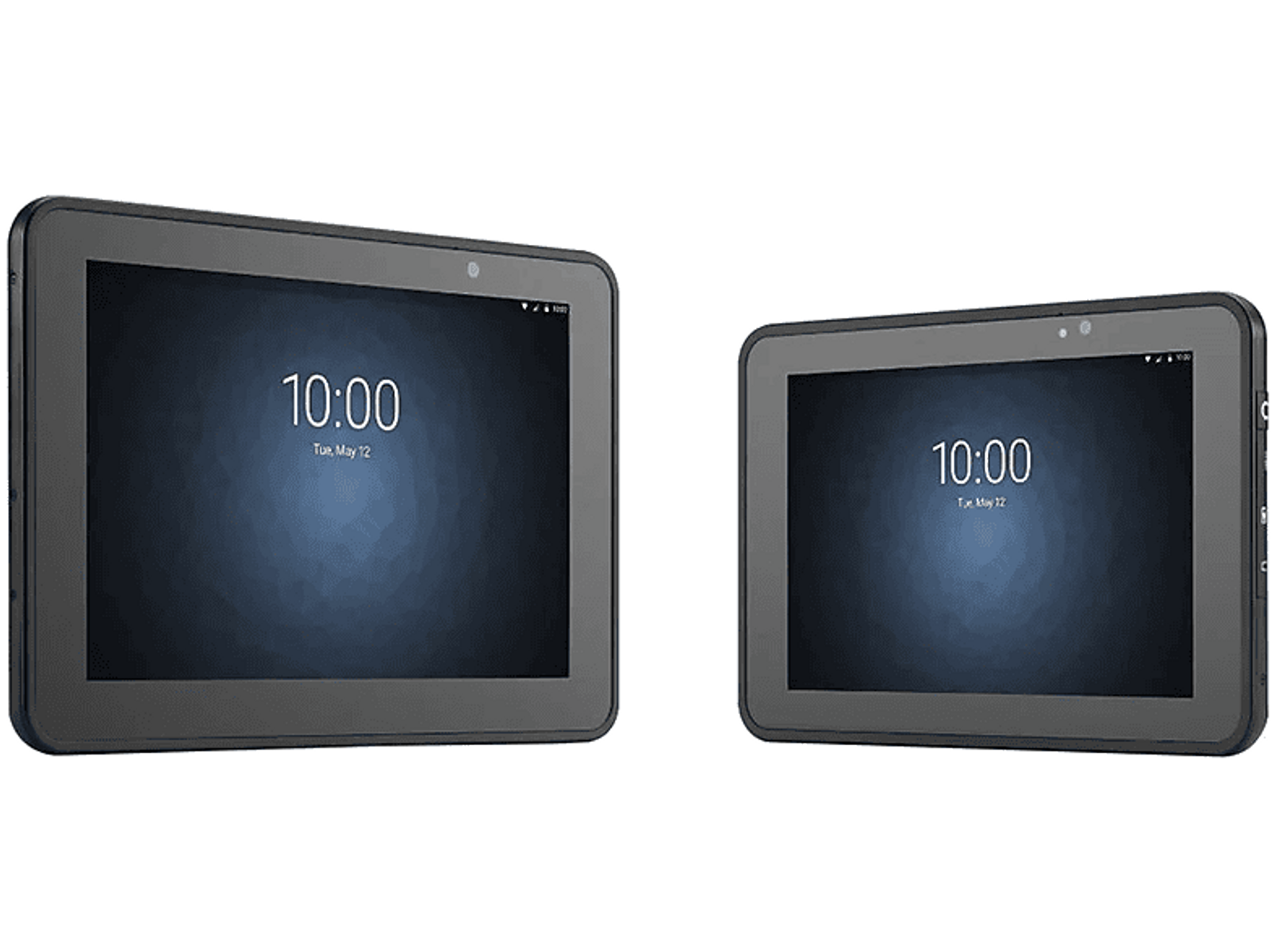 Due tablet neri, ognuno mostra '10:00 Tue, May 12'. Cornici nere, schermi scuri.