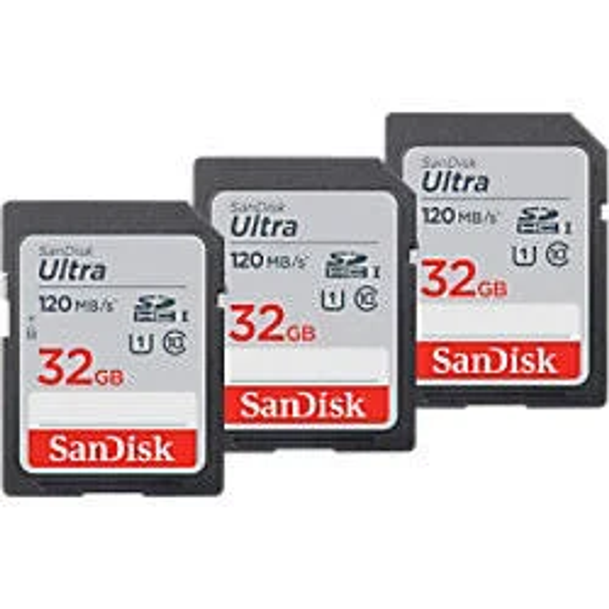 Drei SanDisk Ultra SD-Karten. Sie sind schwarz und grau mit rotem und weißem Text.