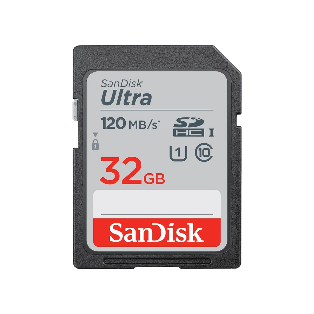 Schwarz-graue SanDisk Ultra SD-Karte. Sie zeigt 32 GB Kapazität und 120 MB/s Geschwindigkeit. Weißer Hintergrund.