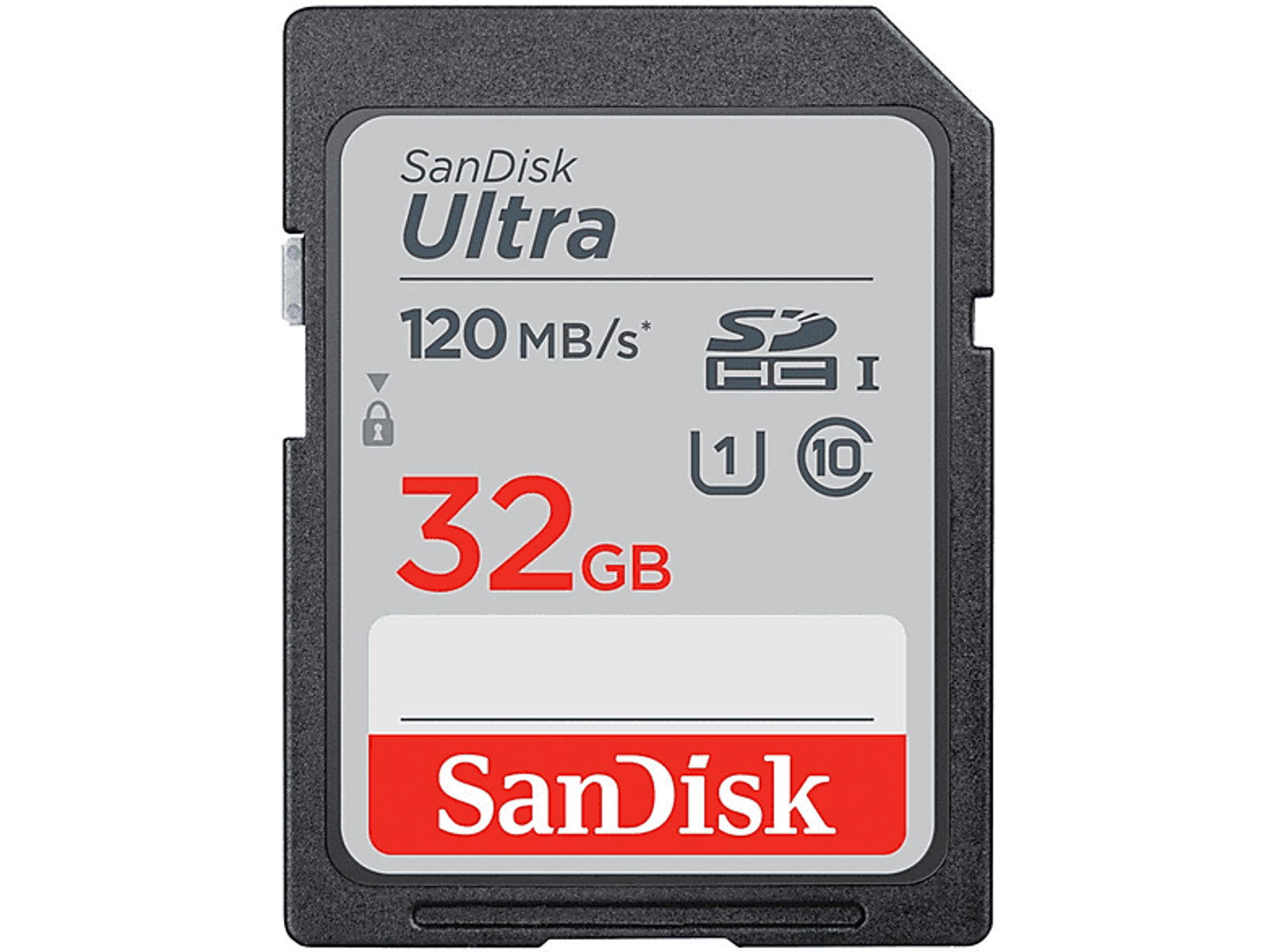 Eine Sandisk Ultra 32GB SD-Karte mit Branding und Spezifikationen, auf weißem Hintergrund.