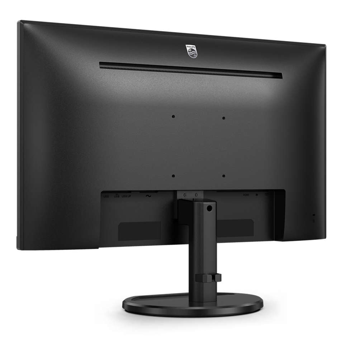 Monitor del computer nero. Vista posteriore con porte e supporto. Logo Philips in alto.