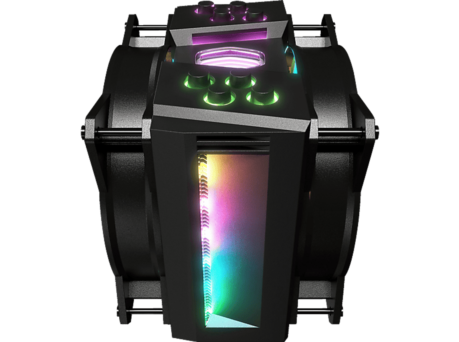 Ventilador de ordenador negro con sección central que contiene LEDs multicolores y una rejilla.