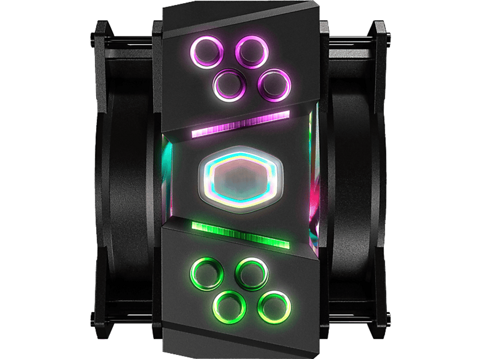 Ventilador negro con múltiples luces de colores. Marco negro.