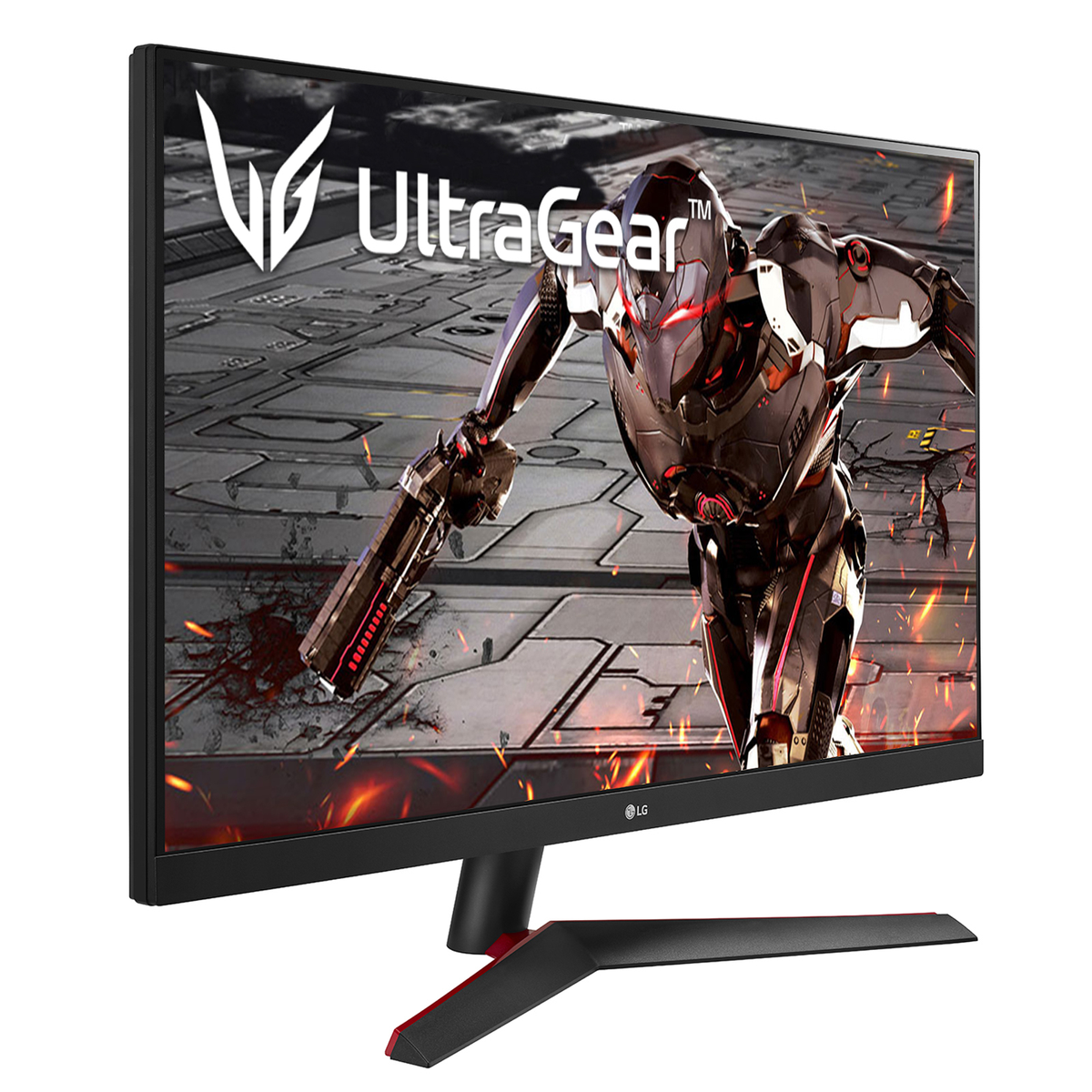 Monitor LG UltraGear che mostra un guerriero futuristico con un'arma, con dettagli rossi.