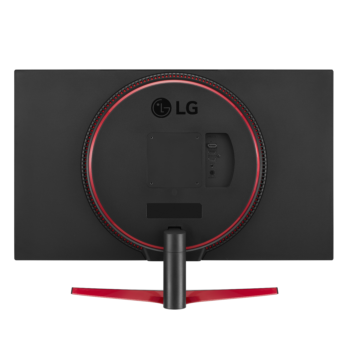 Retro di un monitor LG nero, anello rosso, porte visibili, supporto nero.