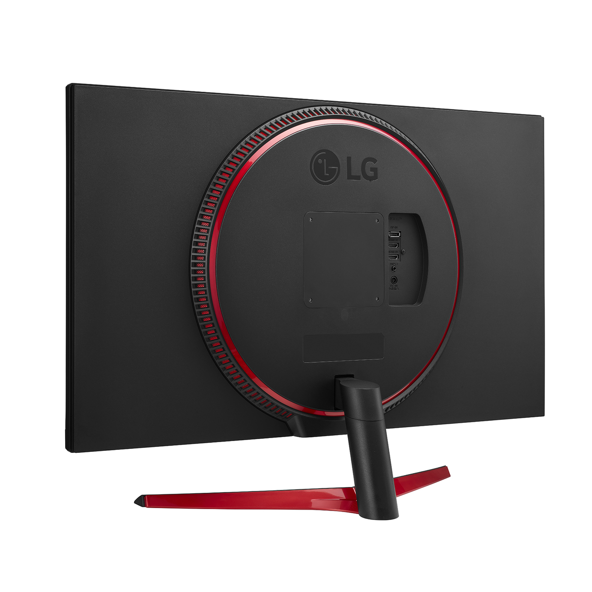 Retro di un monitor nero con accenti rossi e un supporto rosso. Sfondo bianco.