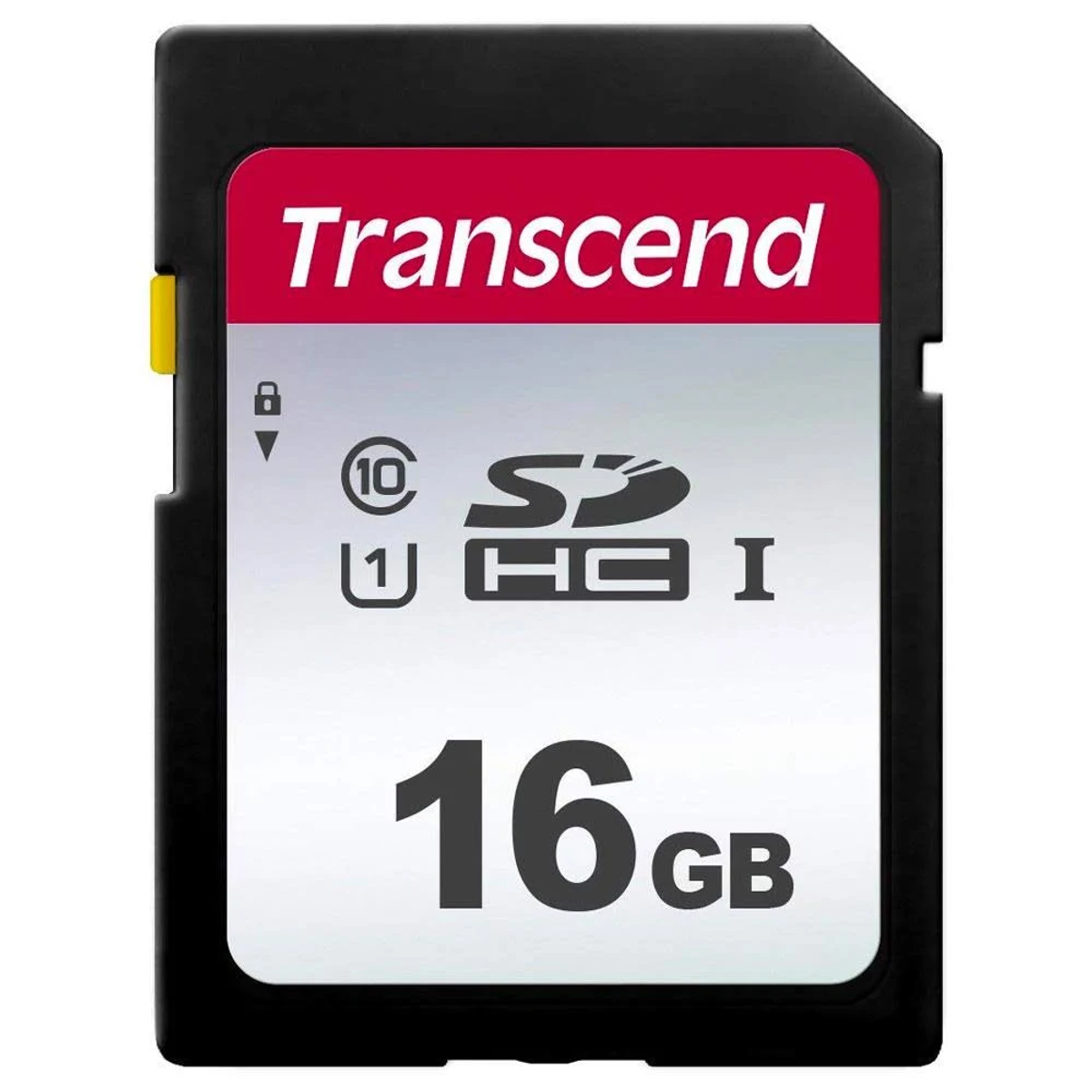 Eine SD-Karte. Die Karte ist schwarz mit einem rot-weißen Etikett mit dem Wort Transcend.