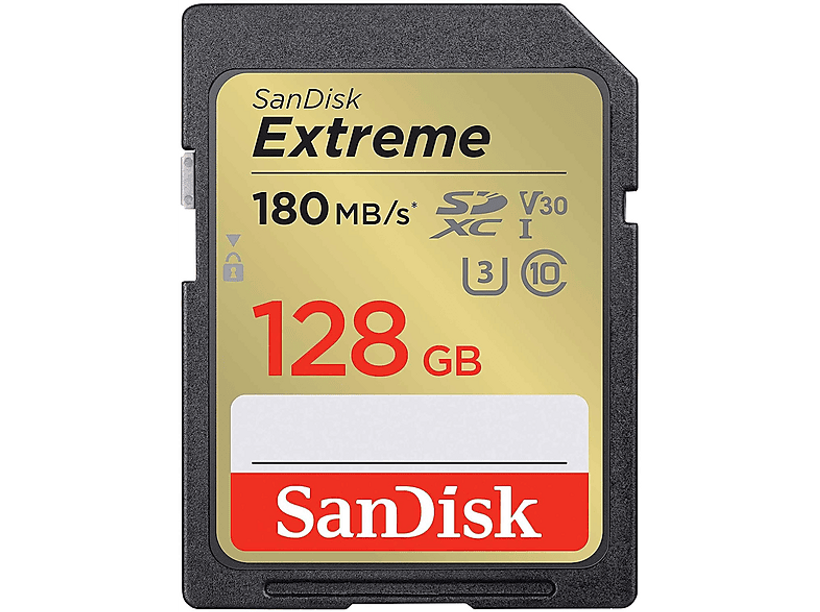 Tarjeta SD SanDisk Extreme 128GB. Colores dorado y negro. El texto incluye 180 MB/s y otros detalles.