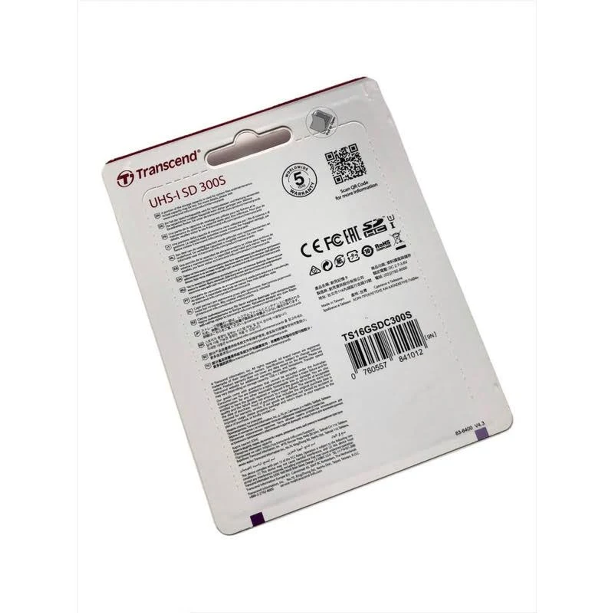 Verpackung einer Transcend UHS-I SD 300S Speicherkarte. Die Verpackung ist weiß mit Text und QR-Code.
