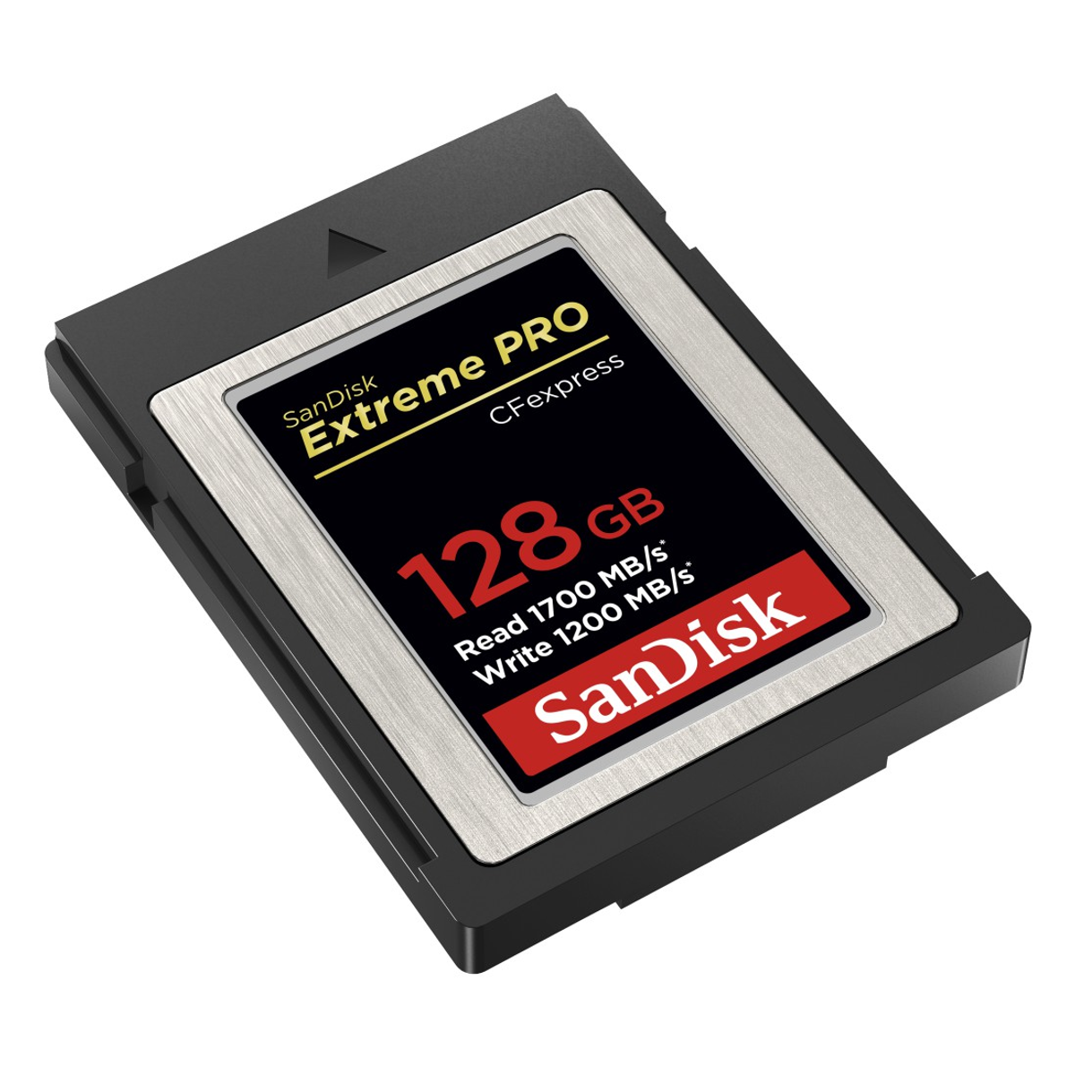 SanDisk Extreme PRO CFexpress Karte. Schwarz, Silber und Rot. Text: 128 GB, Lese-/Schreibgeschwindigkeiten.