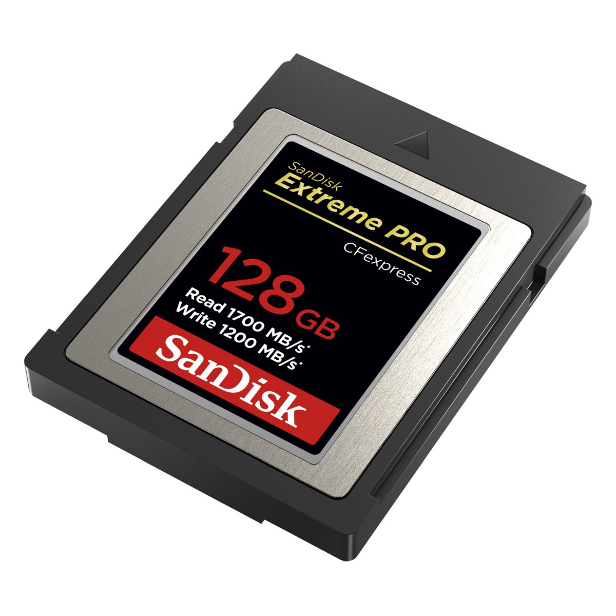 Eine schwarze und graue SanDisk Extreme PRO CFexpress-Karte, mit Text.