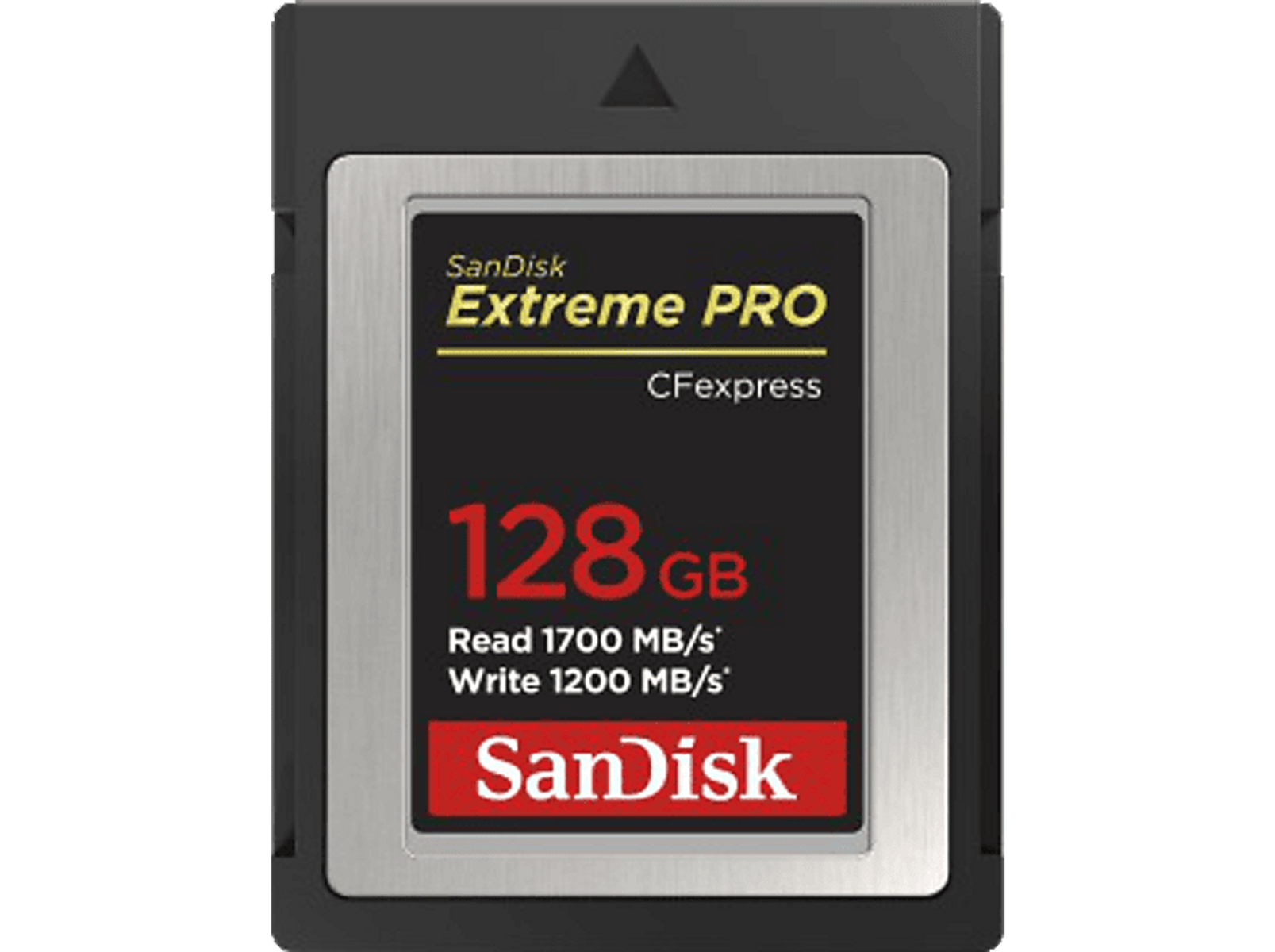 Schwarze und silberne CFexpress-Speicherkarte von SanDisk. 128 GB Kapazität, Lese-/Schreibgeschwindigkeiten sichtbar.