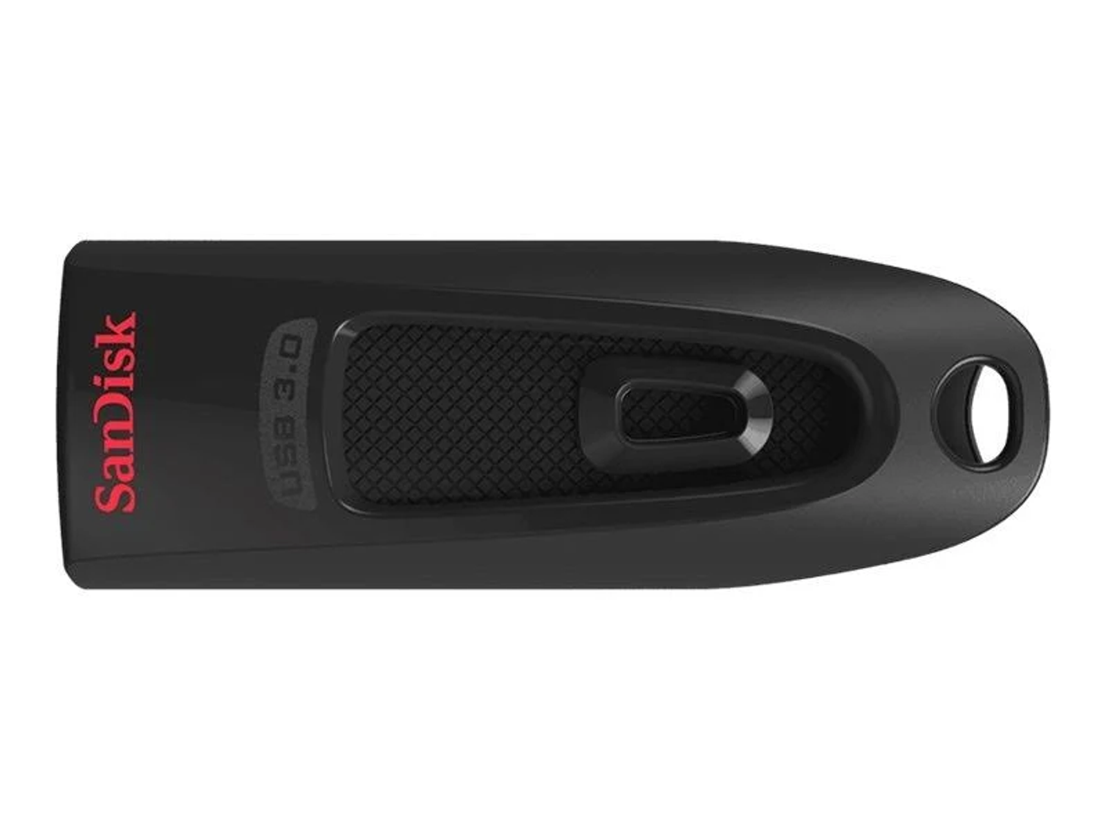 Black SanDisk USB drive. Red SanDisk logo. USB 3.0 label. Rectangular with a rounded end and a hole.