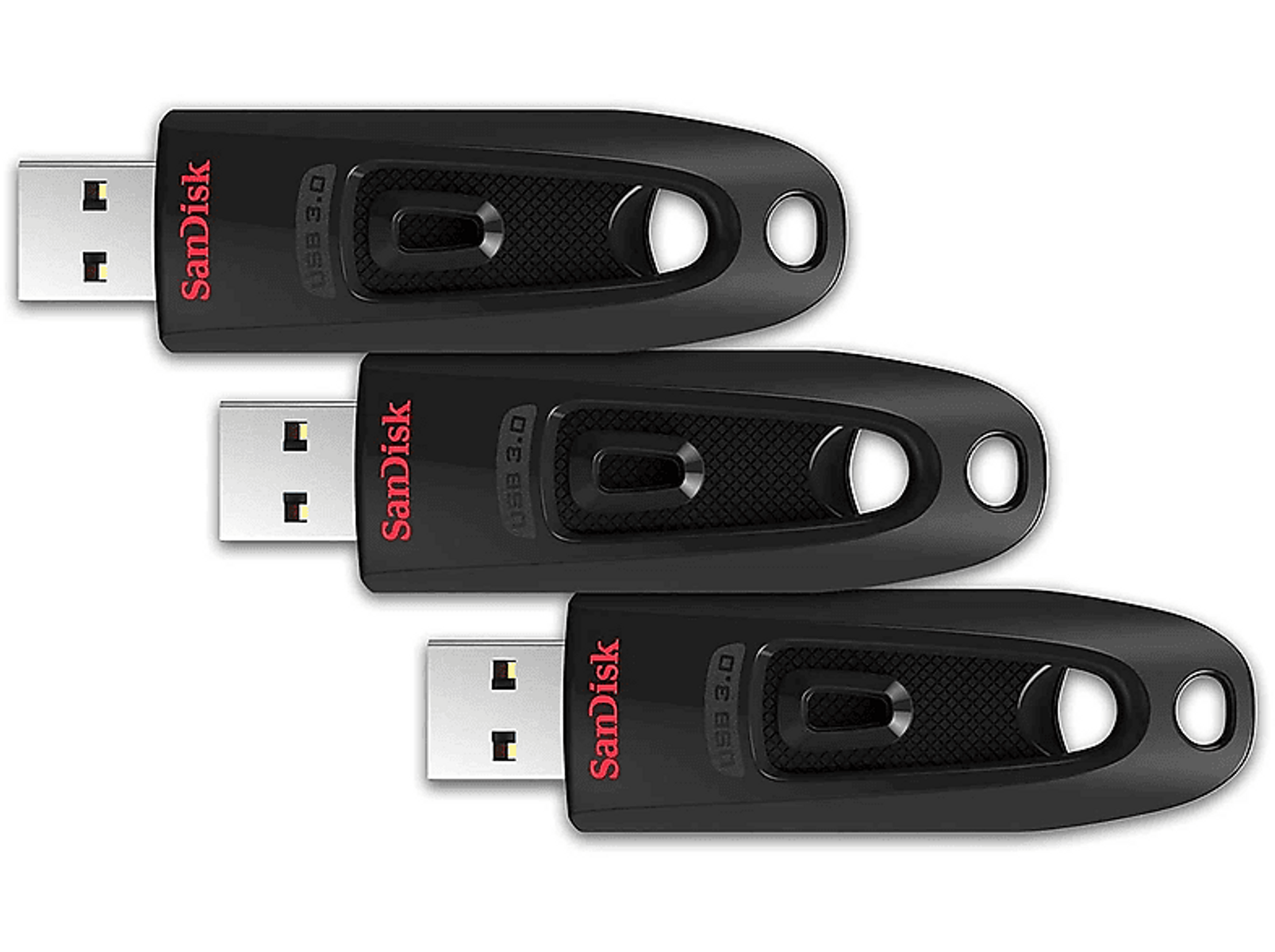 Three black Sandisk USB drives with red details. White background.