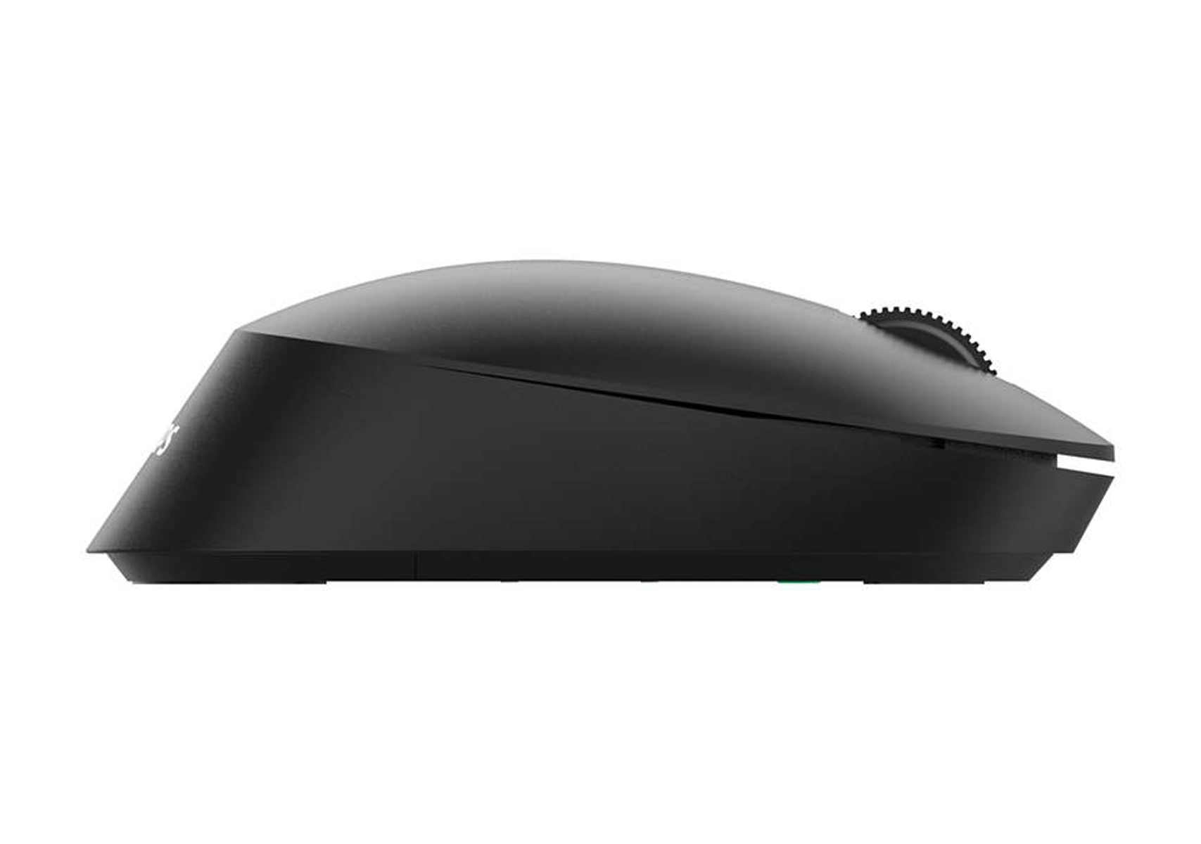 Czarna mysz komputerowa widziana z boku. Ma kółko przewijania na górze.