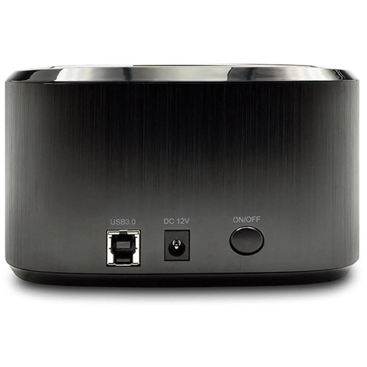 Retro di un dispositivo nero con USB 3.0, DC 12V e pulsante on/off.