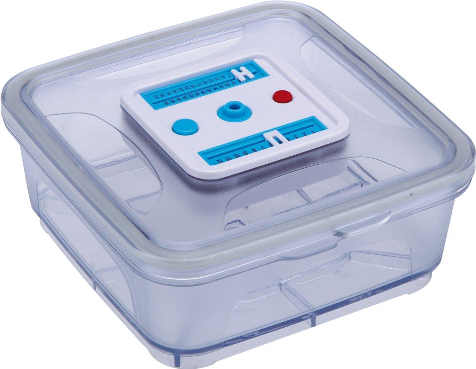 Contenedor transparente cuadrado para alimentos con tapa blanca y azul.