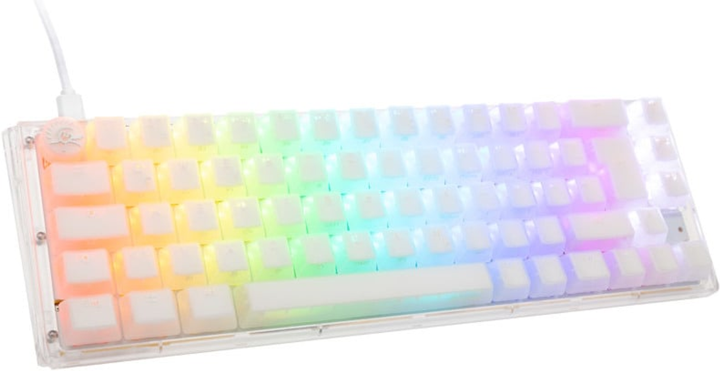 Tastiera trasparente con tasti retroilluminati arcobaleno. Ha un cavo bianco attaccato.
