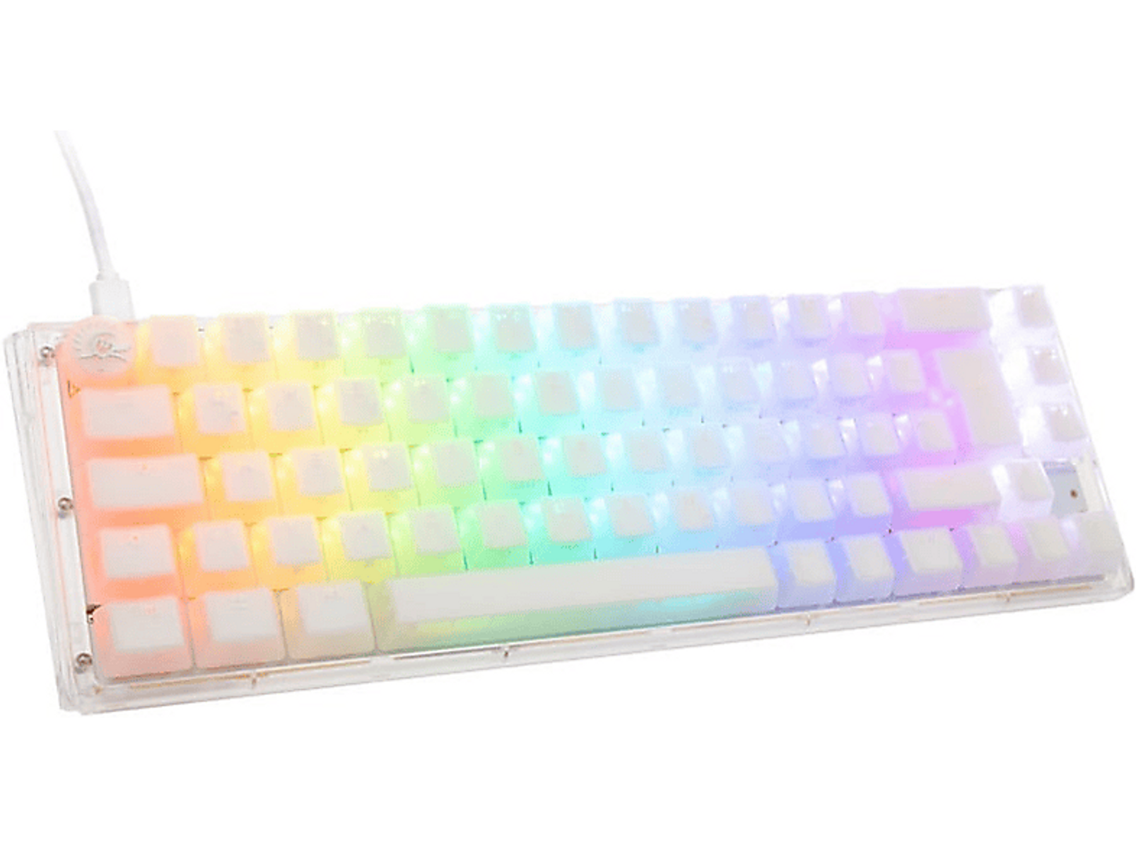 Una tastiera retroilluminata con tasti trasparenti. I tasti si illuminano con colori arcobaleno.