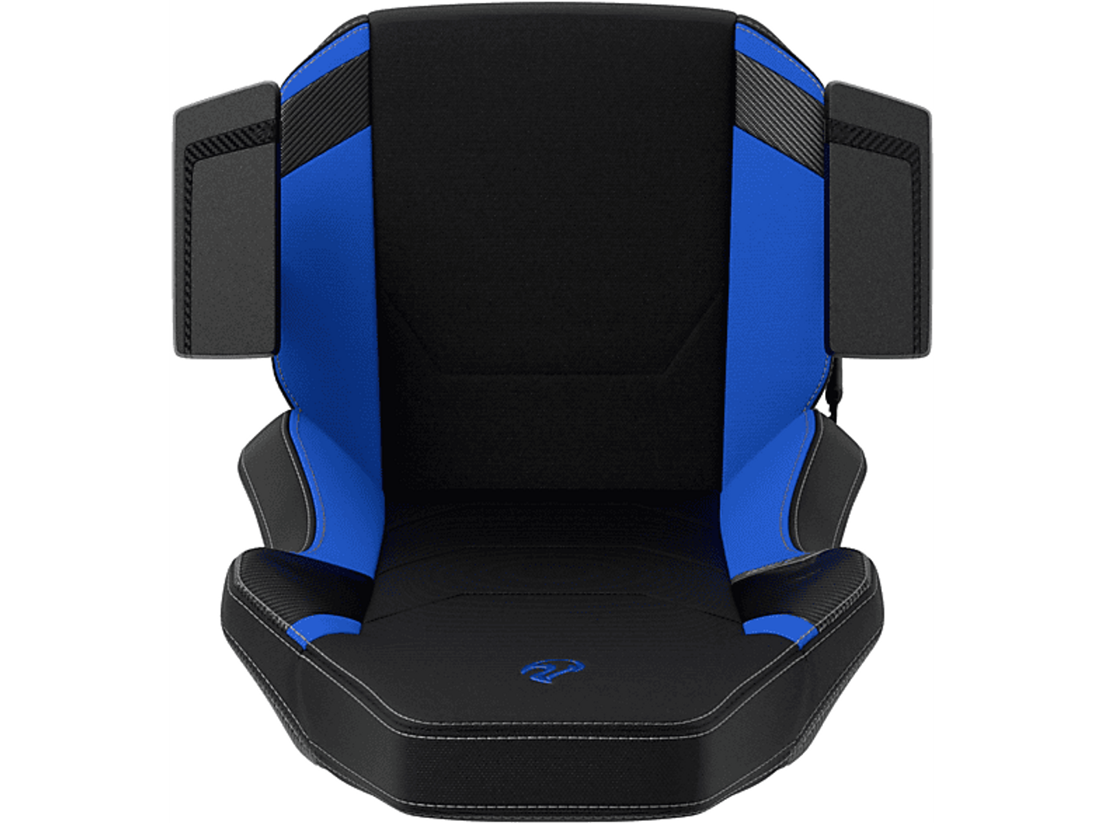 Gaming-Stuhl mit schwarzem und blauem Design, Draufsicht, auf schwarzem Hintergrund.