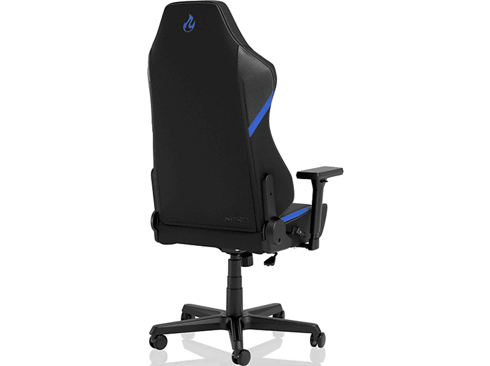 Schwarzer Gaming-Stuhl mit blauen Akzenten, von hinten gesehen.
