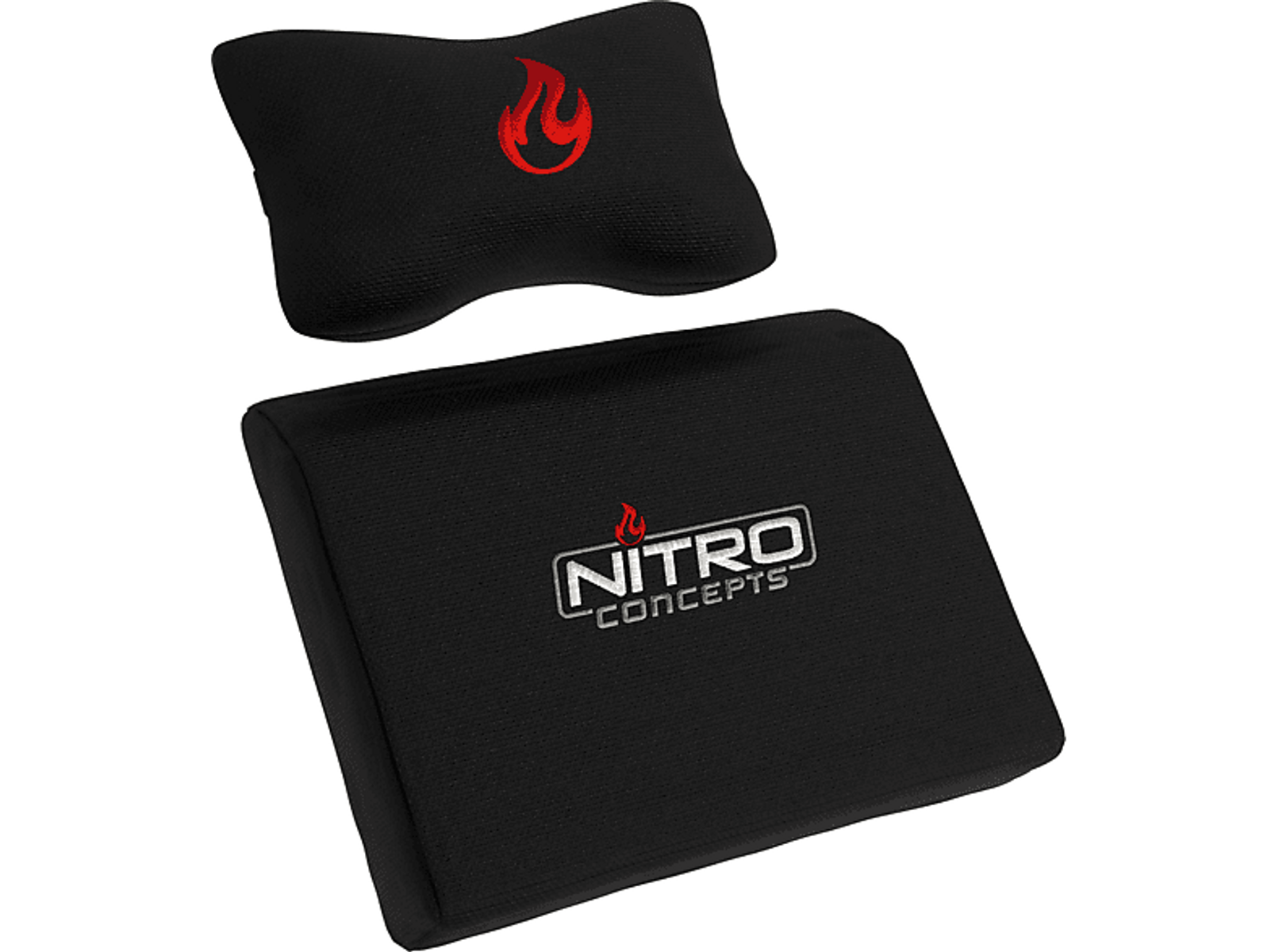 Schwarze Nitro Concepts Kissen. Ein Nackenkissen, eine Lordosenstütze, beide mit Logo.