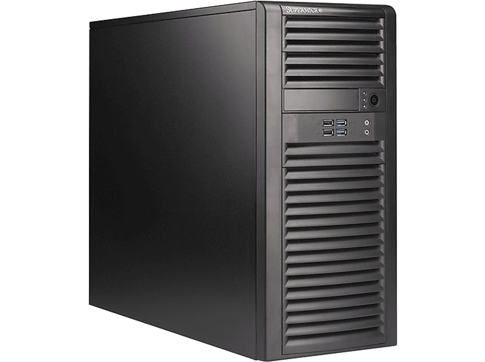 Czarna wieża serwerowa Supermicro z żebrowanym przodem i wieloma portami.