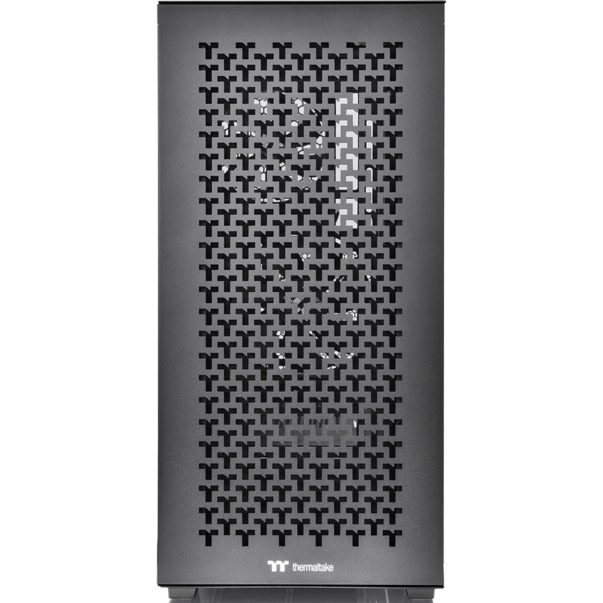 Schwarzes Computergehäuse mit gemusterter Frontplatte. Das Thermaltake-Logo befindet sich unten.