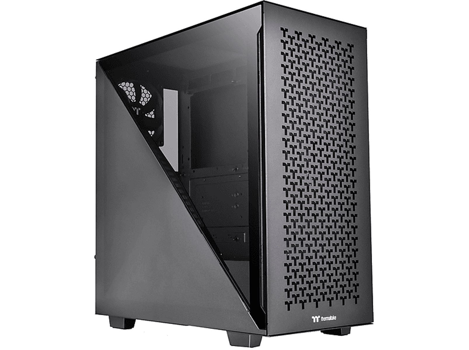 Ein schwarzes Computergehäuse mit Glas-Seitenwand und gemusterter Front. Das Logo ist „Thermaltake“.