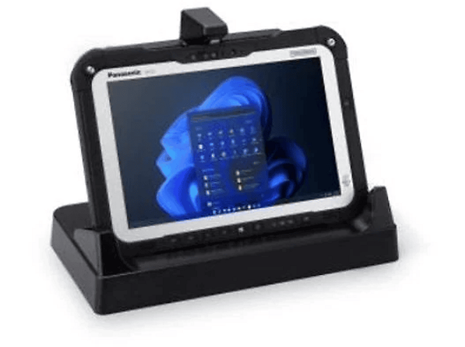 Tablet auf Ständer, Bildschirm zeigt Windows 11. Schwarzes Gehäuse, silberner Rahmen.