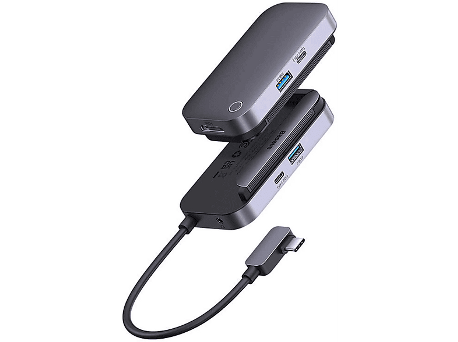 Çoklu bağlantı noktalarına ve bağlı bir kabloya sahip siyah ve gri USB-C hub.