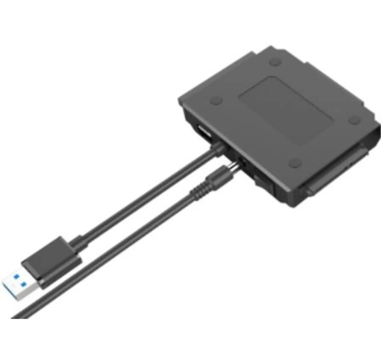 Schwarzes externes Festplattengehäuse, angeschlossen an ein USB-Kabel.