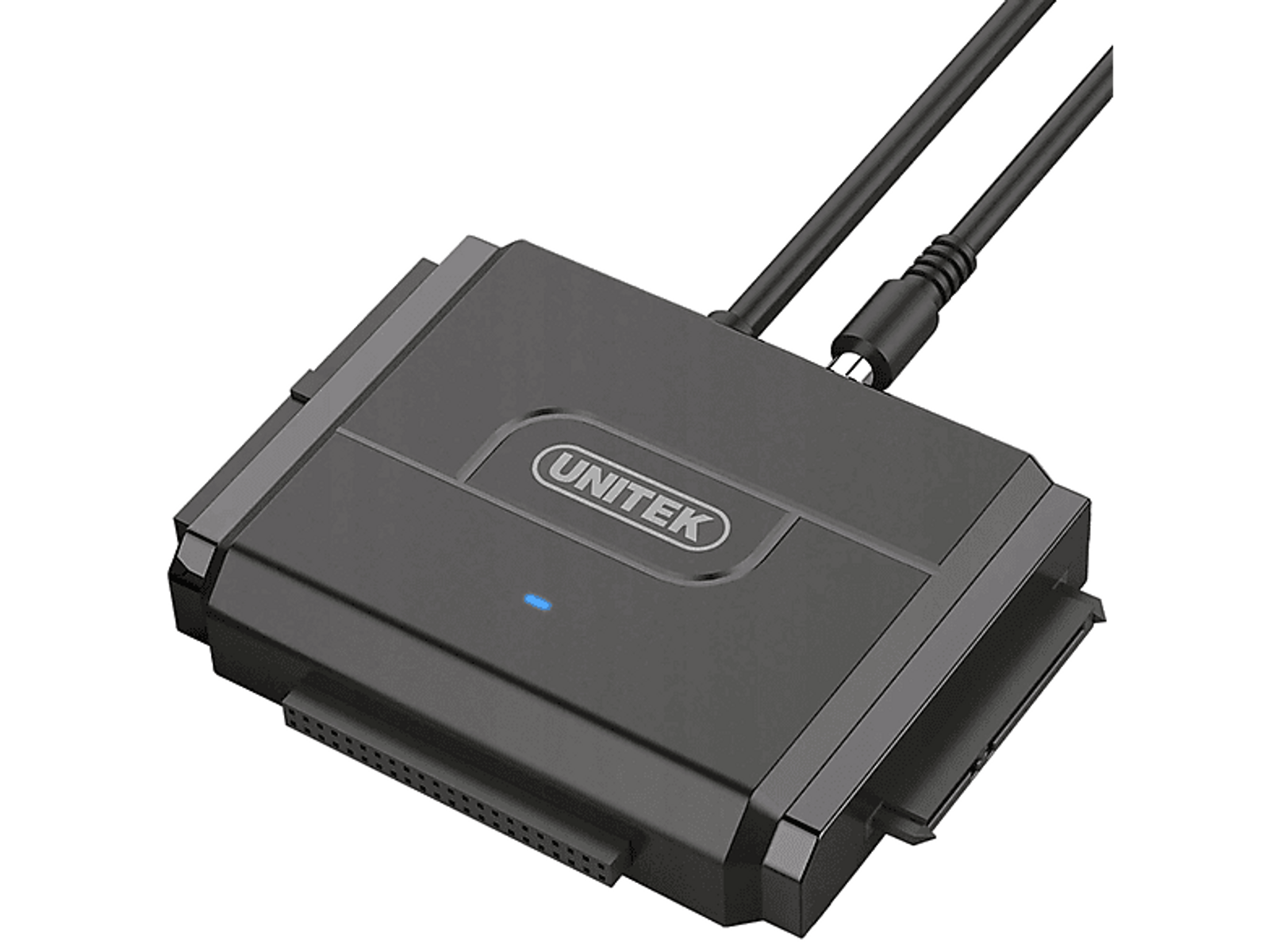 Schwarzer UNITEK SATA-zu-USB-Adapter mit Kabeln, auf weißem Hintergrund.