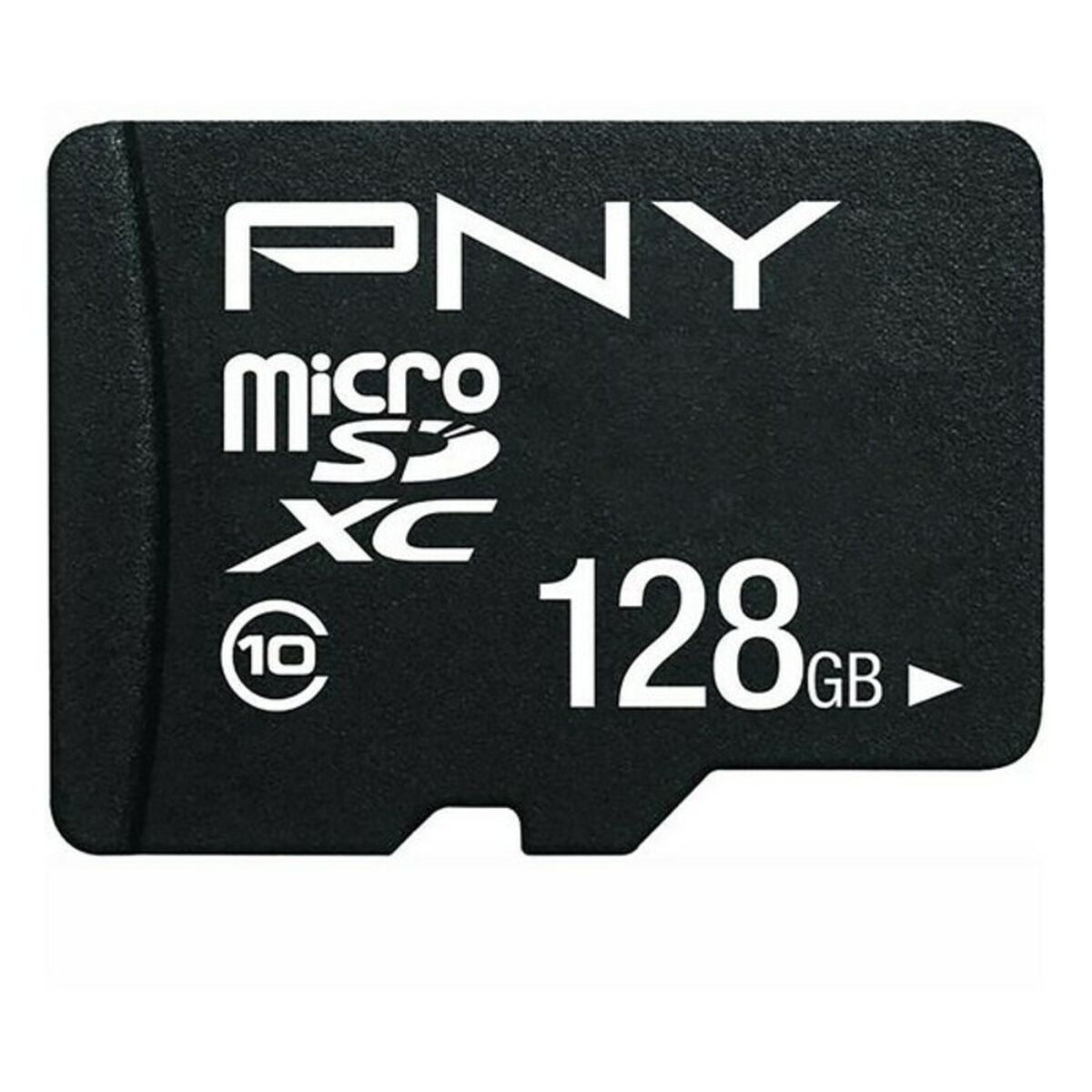 Schwarze PNY Micro SD-Karte mit 128 GB Kapazität, weißer Text.