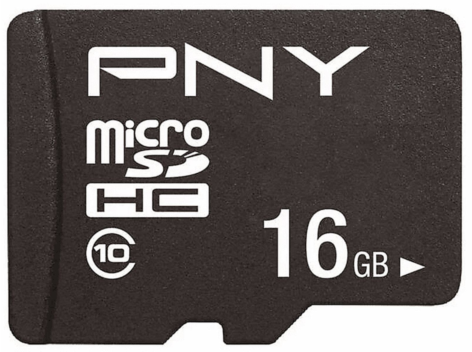 Schwarze PNY 16GB Micro SDHC-Karte mit weißem Text und Logo.