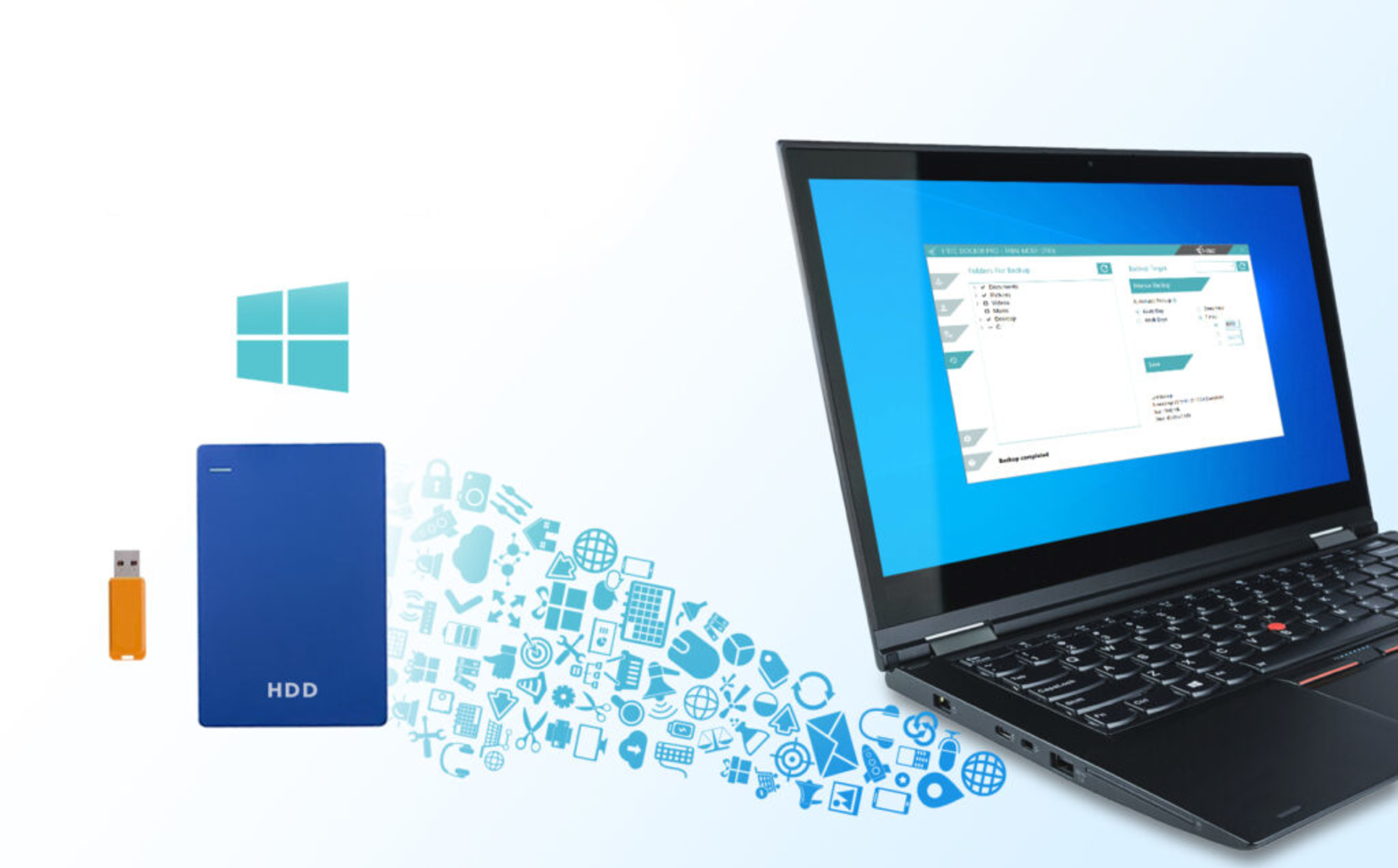 Laptop zeigt einen Windows-Backup-Bildschirm an. Externe Festplatte und USB-Laufwerk. Weißer Hintergrund.