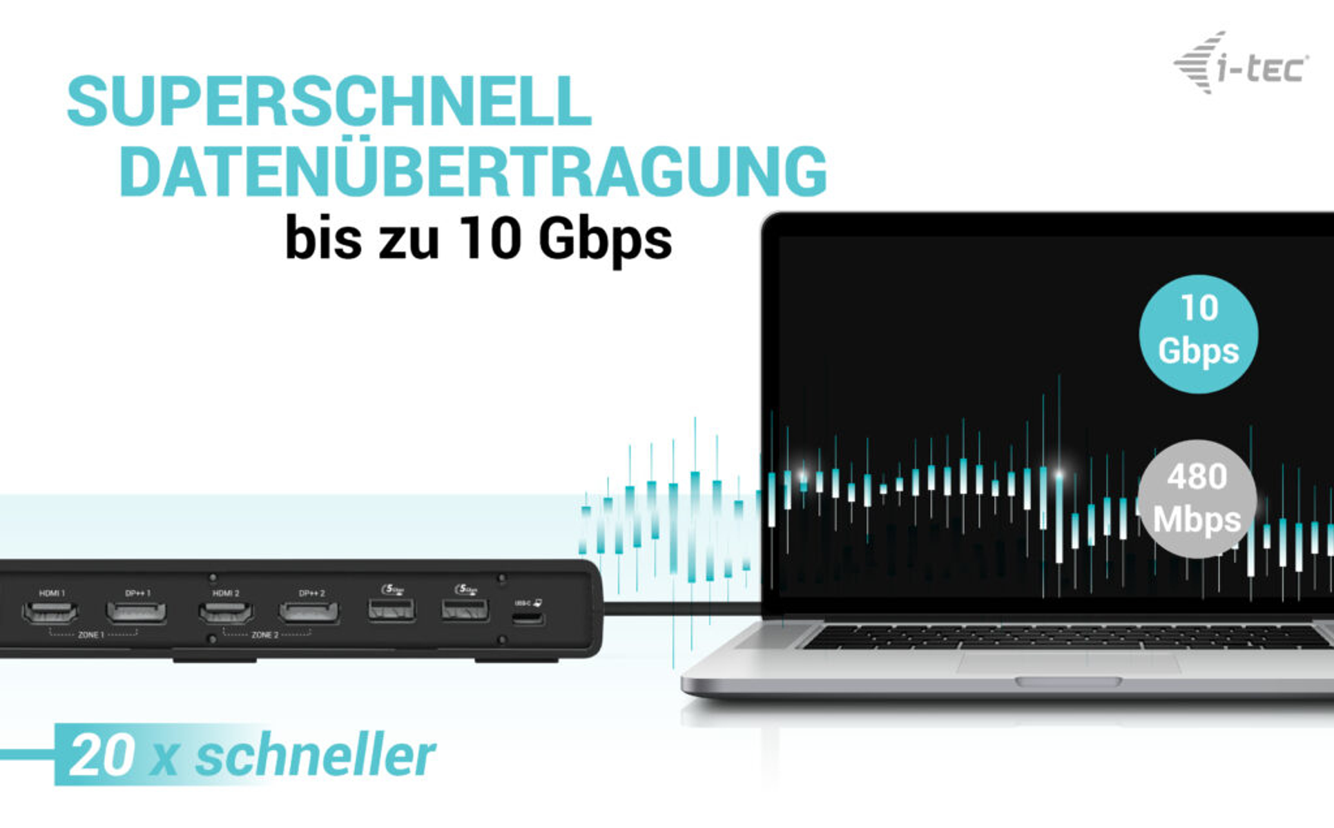Schwarzer Hub, Laptop, Datenübertragungsgeschwindigkeiten. Text: Superschnell Datenübertragung.