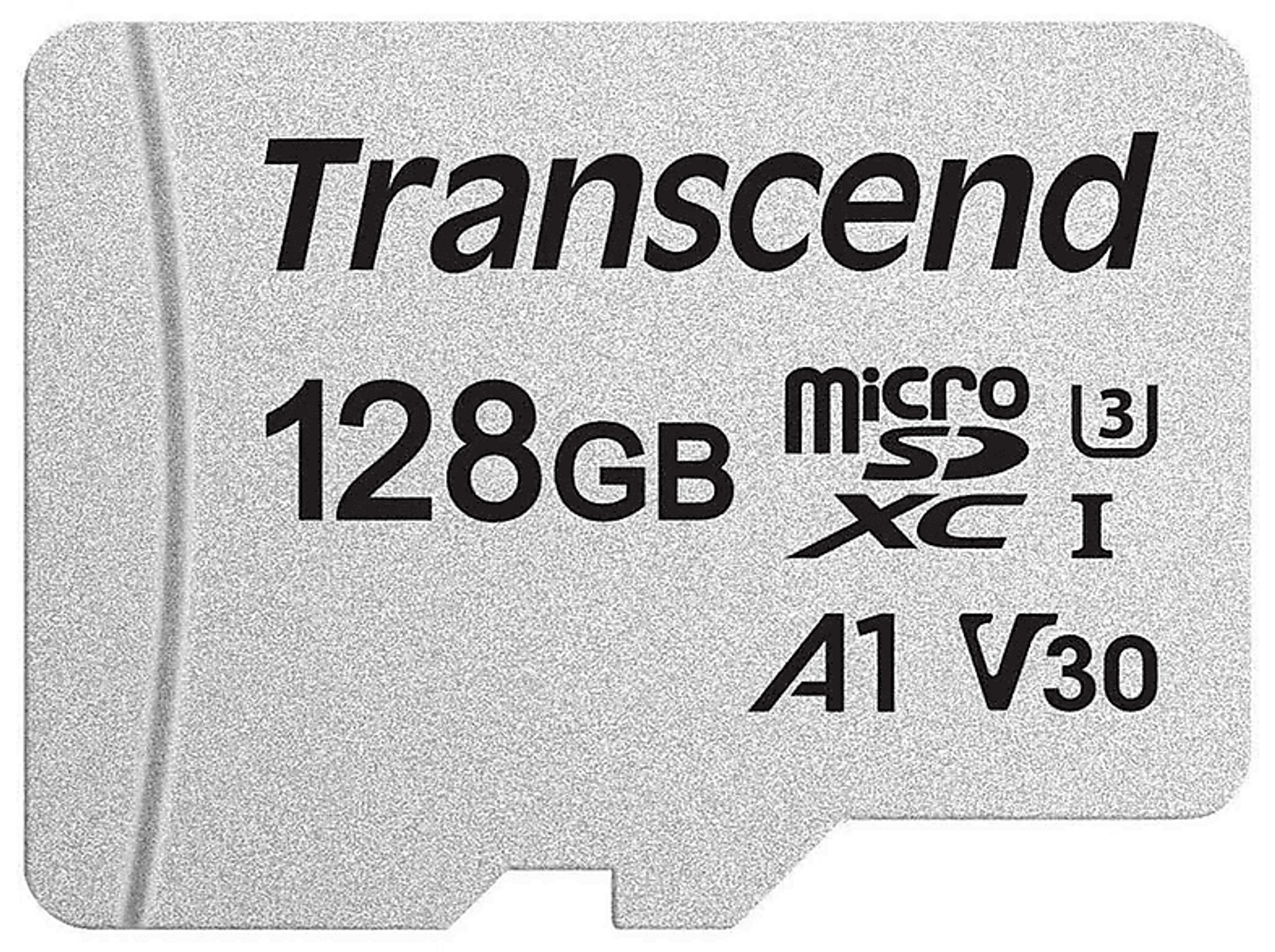 Transcend 128GB microSD-kaart, met tekst en logo's. Zilveren kaart met zwarte tekst.