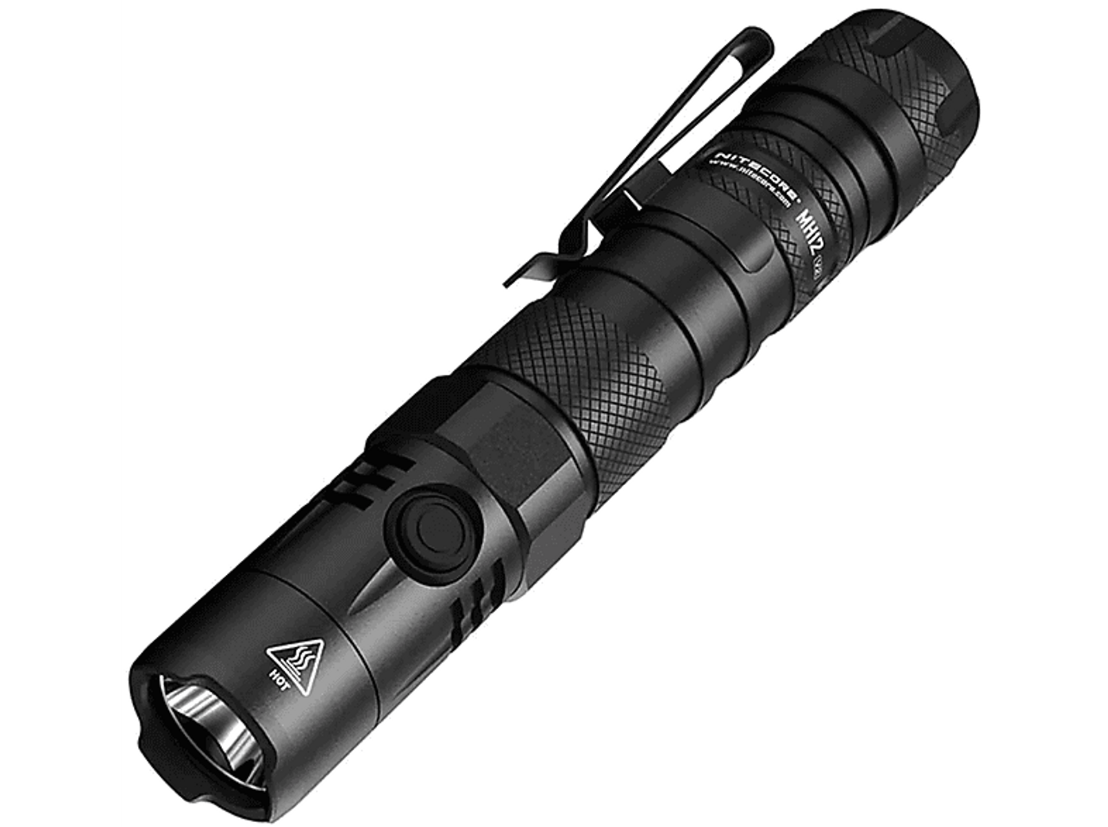 Schwarze Taschenlampe mit strukturierter Griff und Taschenclip. Die Marke ist Nitecore.