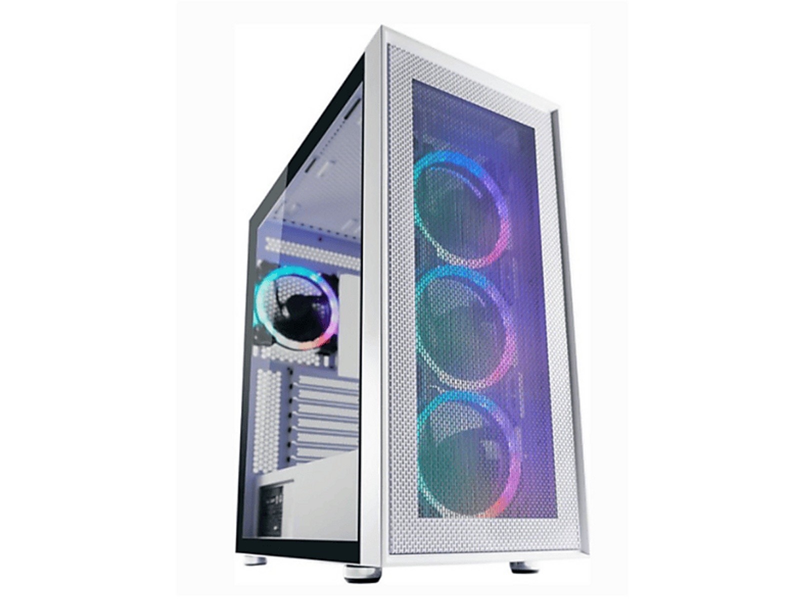 Biała obudowa komputera z wentylatorami RGB. Szklany panel boczny pokazuje wnętrze i komponenty.