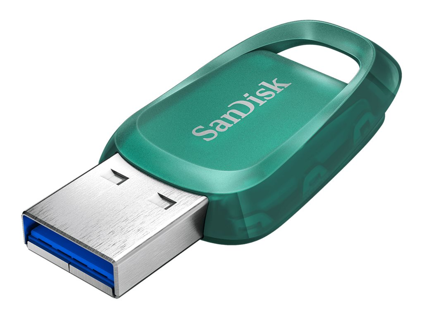 Zielony pendrive USB z marką 'SanDisk' na białym tle.
