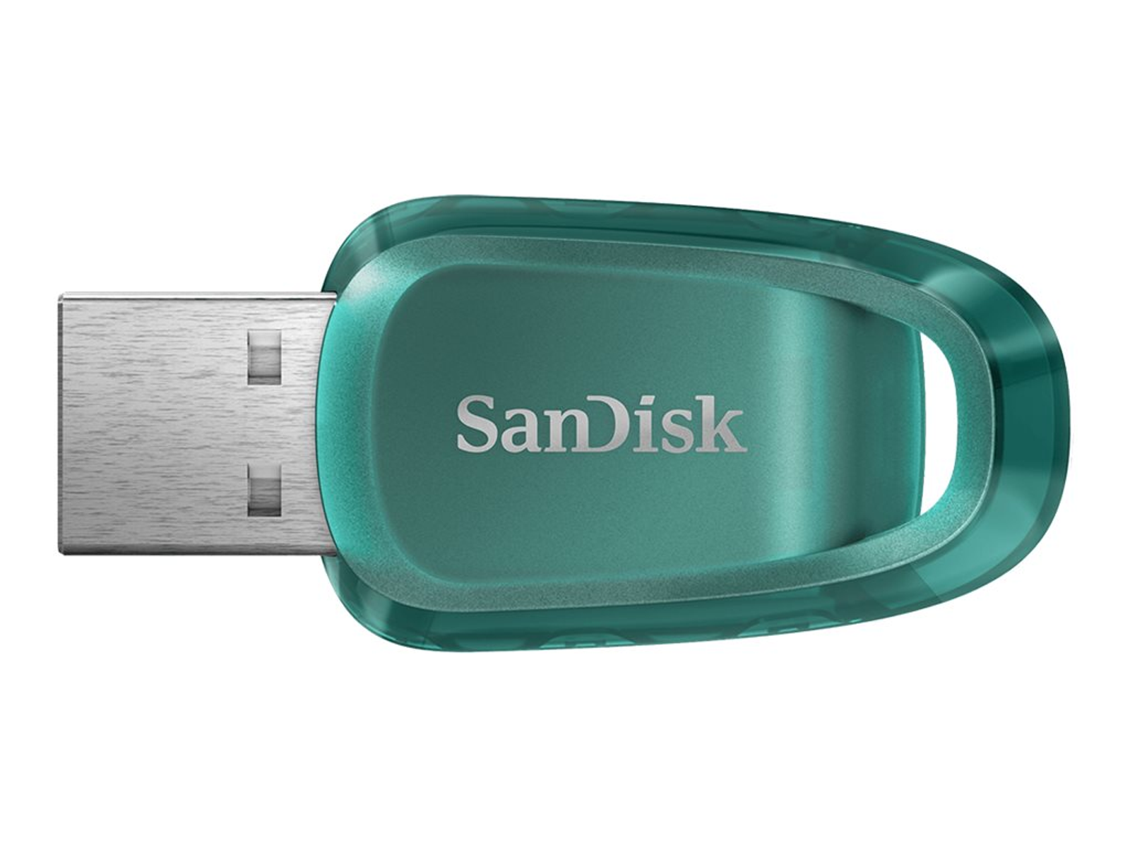 Turkusowy pendrive USB SanDisk. Srebrne złącze USB.