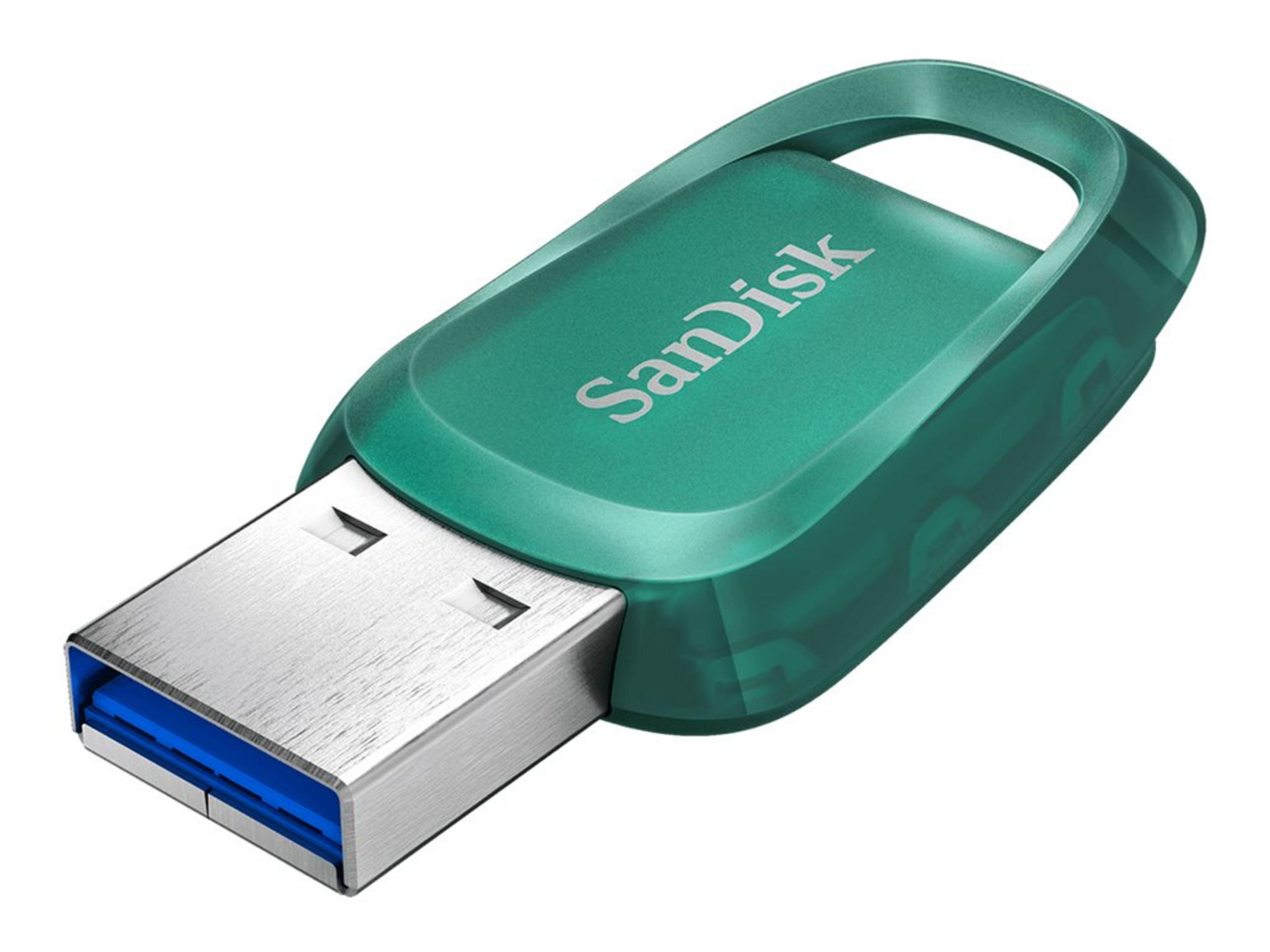 Zielony pendrive SanDisk. Ma zakrzywioną konstrukcję z uchwytem. Złącze USB znajduje się na dole.