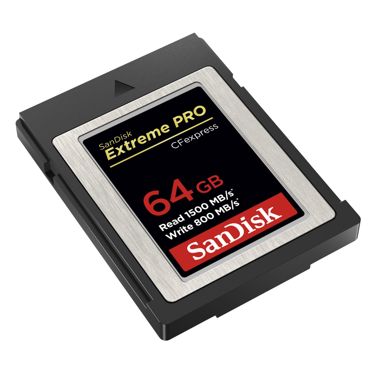Scheda CFexpress nera con capacità di 64 GB.