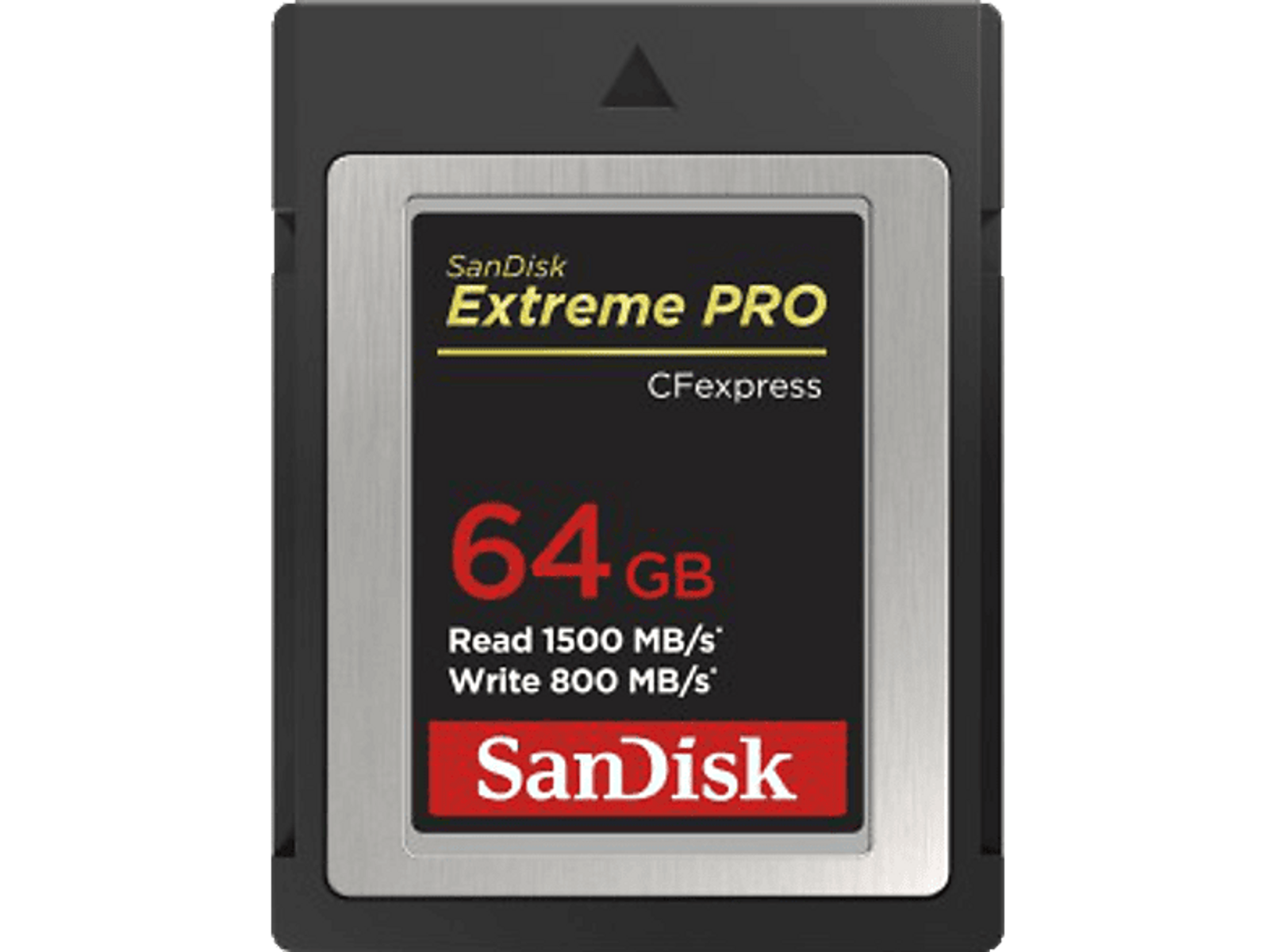 Scheda CFexpress SanDisk nera con testo in nero.