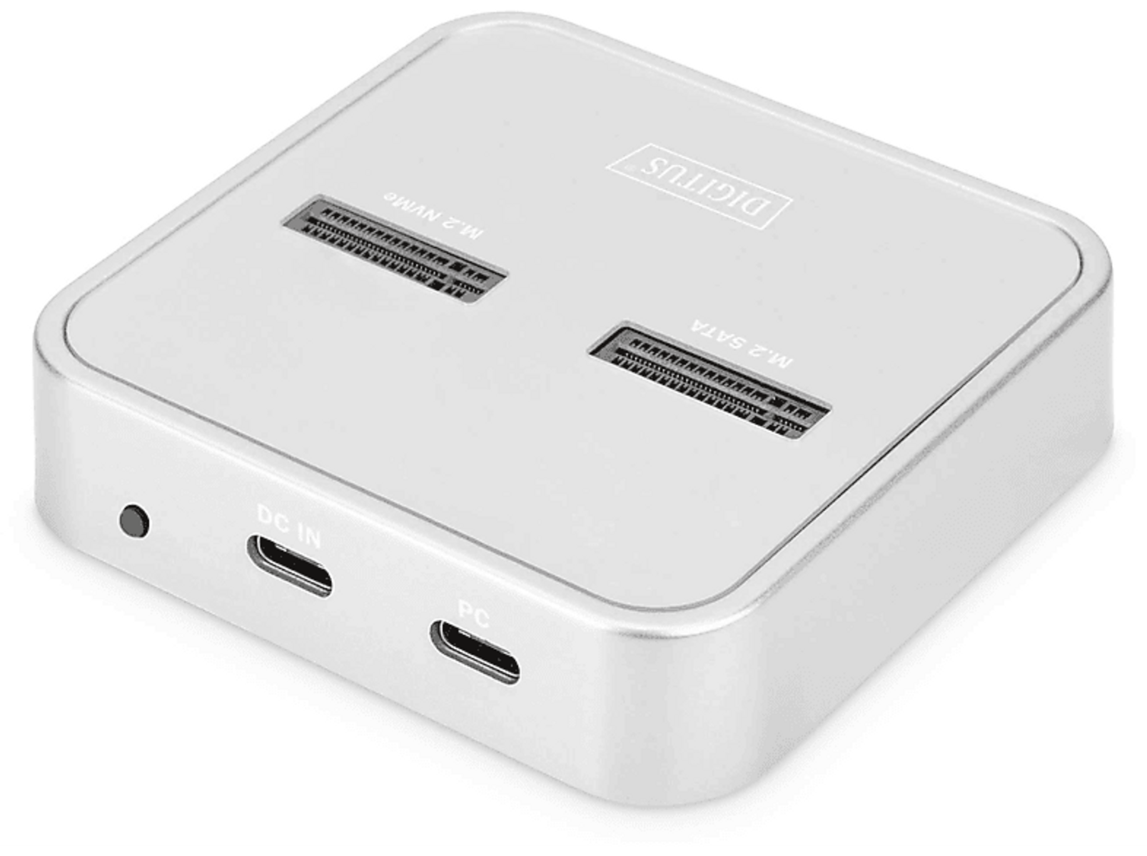 Adattatore DIGITUS M.2 NVMe e SATA argentato. Contiene porte e DC in.