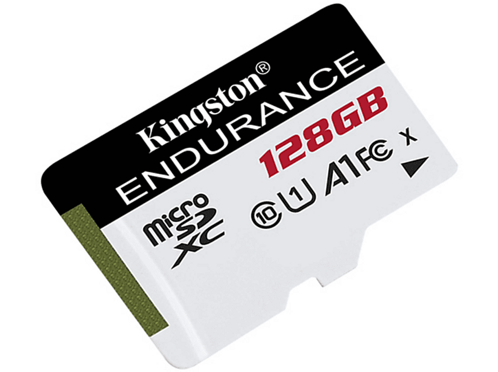 Schwarz-weiße Kingston 128GB Micro SD-Karte. Der Text 'Endurance' ist sichtbar.