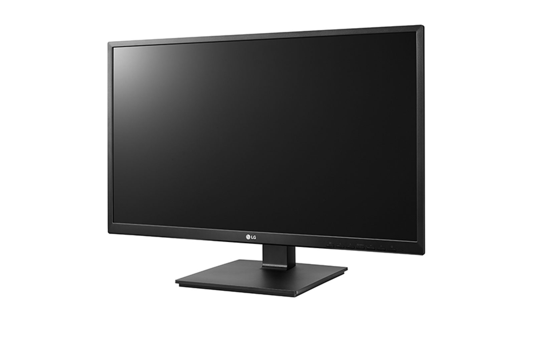 Monitor per computer nero. Schermo rettangolare, su un supporto nero. Sfondo bianco.