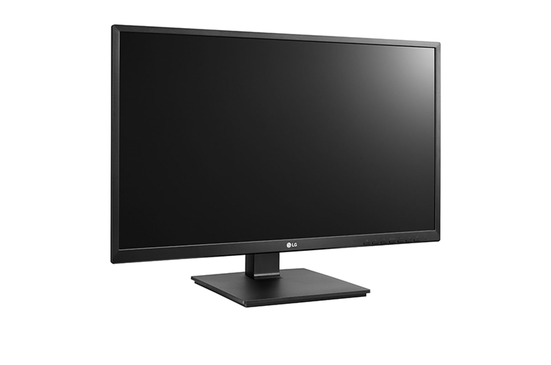 Monitor LG, schermo e supporto neri, su sfondo bianco.